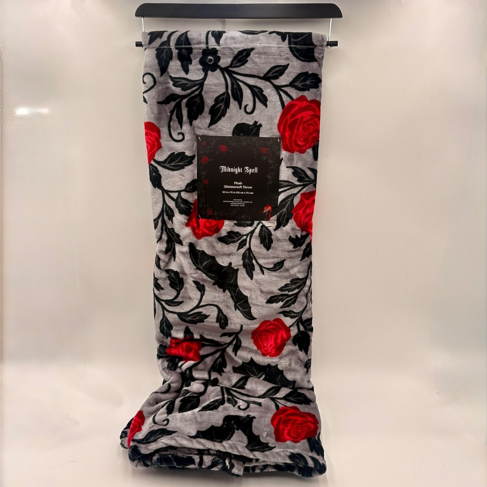 Midnight Spell Glimmersoft Throw Blanket Red Roses Black Bats Grey Halloween